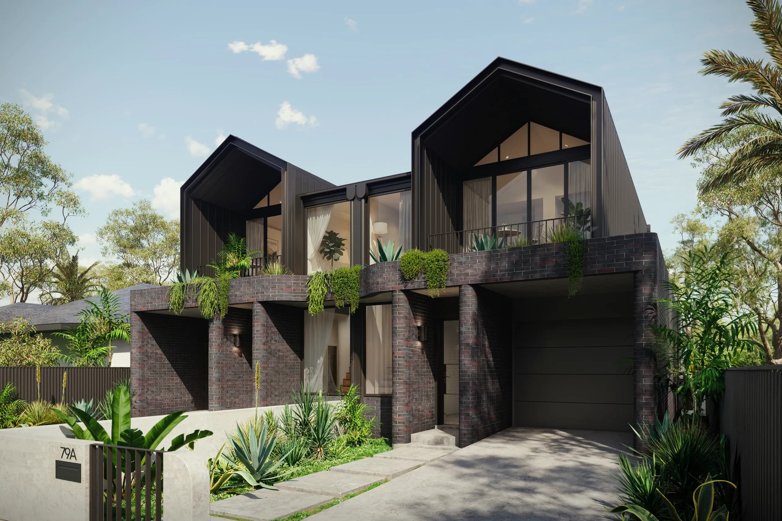 Street elevation of Alder, a charcoal duplex in Rosebery with twin gabled roofs, Bowral Blue brick piers and planted balconies